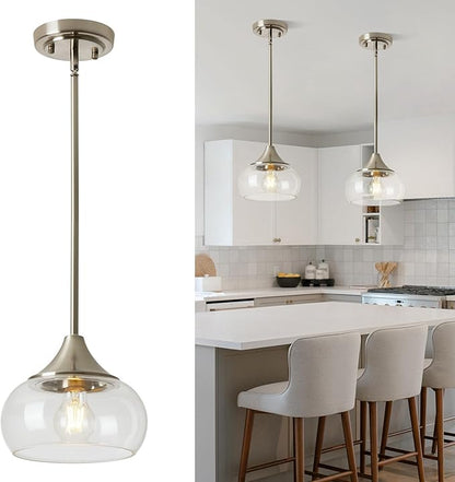 Modern Pendant Lights for Kitchen Island, Brushed Nickel Pendant Light Fixtures with 8.5" Clear Glass Shade, Industrial Hanging Pendant Lights Fixture for Kitchen Island Dining Room Entryway 1 Pack