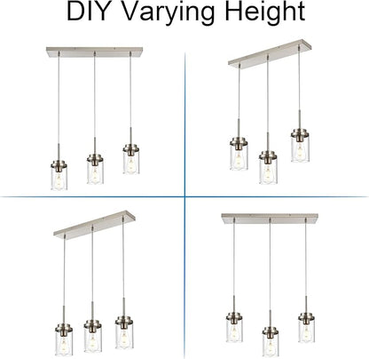 MELUCEE Kitchen Pendant Lighting Over Island 3 Lights Linear Chandelier Brushed Nickel Finish Dining Room Light Fixtures Ceiling Hanging Lamp with Clear Glass Shade, 20.5 Inches Length