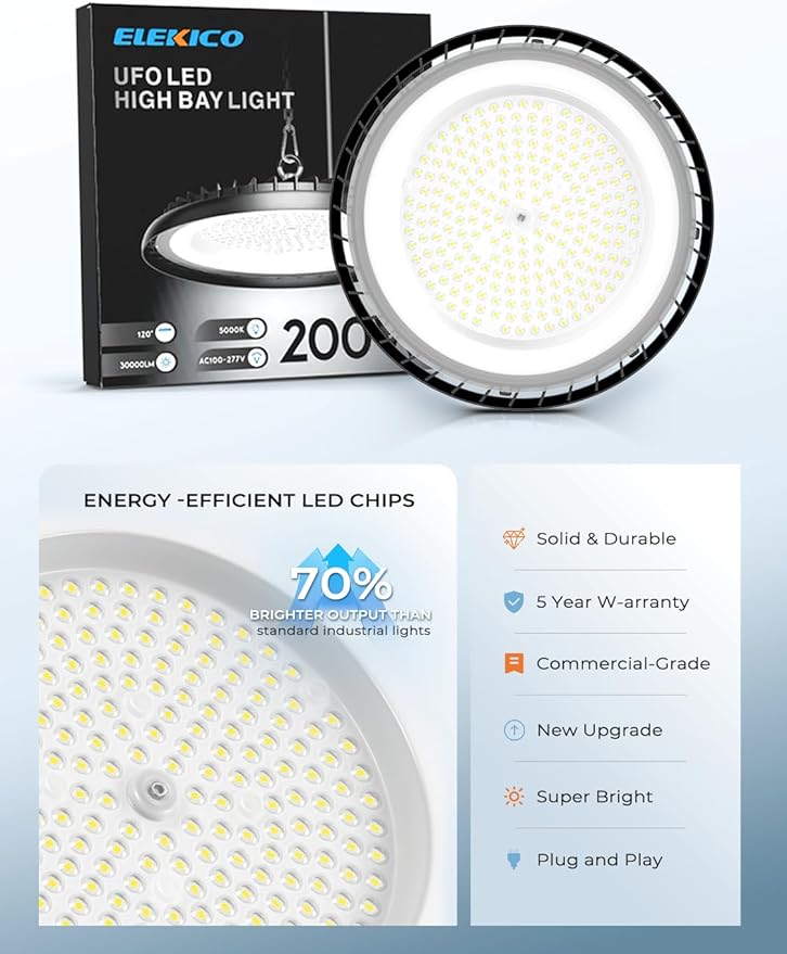 New Ultra-Thin Super Bright 200w Ufo Led High Bay Light | 30000LM 5000K High Bay Led Shop Lights With 5ft Cable Hook Safe Rope| Shop&Garage Lighting lights For Factory Workshop Warehouse Garage Barn