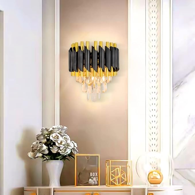 FRIXCHUR Modern Crystal Wall Sconce Lighting Black Crystal Wall Light Fixture Bedside Light 3 Tiers Crystal Wall Lamp for Bedroom Bathroom Dinning Living Room Hallway 2X E12 Base