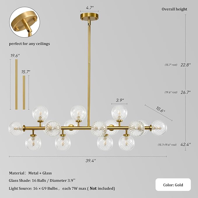 16-Light Mid Century Modern Chandelier: 39.4" Long Linear Gold Sputnik Chandeliers - Swirled Clear Glass Globe Chandelier Dining Room Light Fixture - High Ceiling Kitchen Island Living Room Lighting