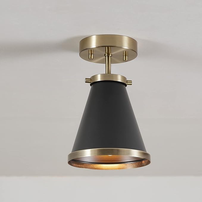 GLOBE Electric x Novogratz 65789 1-Light Semi-Flush Mount Ceiling Light, Matte Black, Brass Accent, Bedroom Lighting Fixtures Ceiling, Dining Room Fixture, Lighting for Hallway or Dining Room