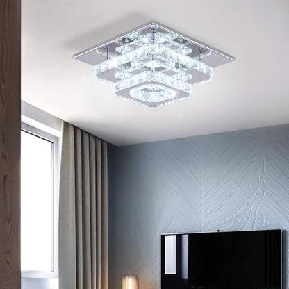 Finktonglan 9.8" Square Crystal Flush Mount LED Ceiling Light, Cool White 6500K, K9 Crystal Mirror Base, Close-to-Ceiling, Non-Dimmable, 85–260V
