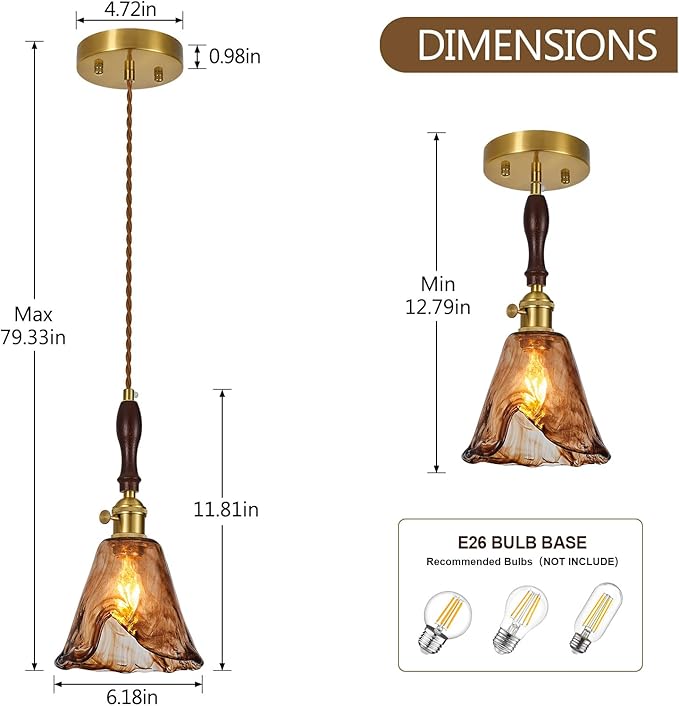 Amber Glass Vintage Pendant Light Height Adjustable Handmade Glass Pendant Lights Kitchen Island Gold Hanging Light Fixture with Wood Handle for Bedroom Dining Room Hotel (3 Pack)