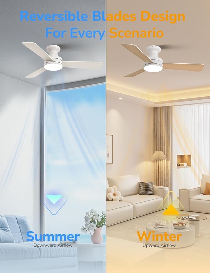 Orison Ceiling Fans with Lights – 42" Low Profile Flush Mount, Smart RGB Backlight & Dimmable LED, Alexa & Google Compatible, 6-Speed Reversible, App & Remote Control, Quiet & Energy Saving, White