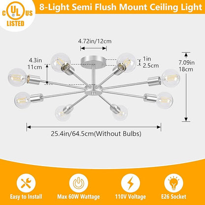 Lomoky 8-Lights Brushed Nickel Semi Flush Mount Ceiling Light Fixture, Modern Sputnik Hallway Light Fixtures Ceiling, E26 Close to Ceiling Lighting for Bedroom Dining Room Hallway
