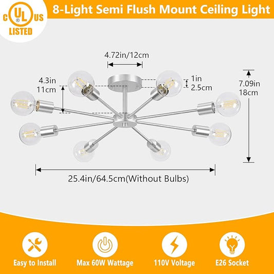 Lomoky 8-Lights Brushed Nickel Semi Flush Mount Ceiling Light Fixture, Modern Sputnik Hallway Light Fixtures Ceiling, E26 Close to Ceiling Lighting for Bedroom Dining Room Hallway