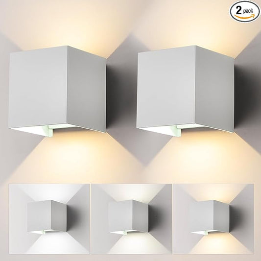 2 Pack LED Outdoor Wall Sconces Exterior/Interior,Modern Square Aluminum Wall Light Fixture ,Variable Beam IP65 Waterproof Lights.15W 3-Color-Changeable Up and Down Outdoor Lighting Fixtures（White）