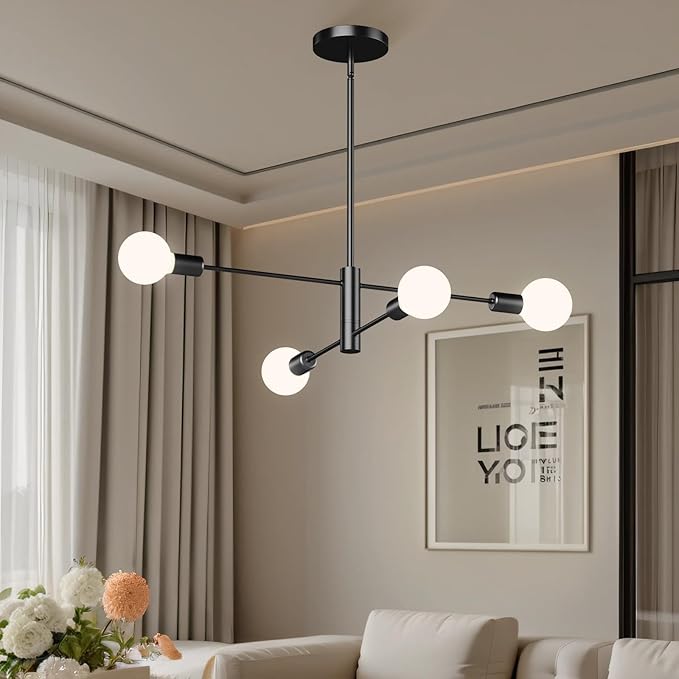 Modern Sputnik Chandelier 4-Light Black, Mid Century Chandelier for Living Room, Kitchen, Dining Room, Bedroom,Foyer - Height Adjustable (Bulbs Not Included)