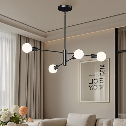 Modern Sputnik Chandelier 4-Light Black, Mid Century Chandelier for Living Room, Kitchen, Dining Room, Bedroom,Foyer - Height Adjustable (Bulbs Not Included)