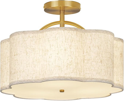 CALOKES Semi Flush Mount Ceiling Light, 16" Modern 3-Light Fixture with Petal-Shaped Beige Linen Shade and Golden Support Arm, Ideal for Bedroom, Kitchen, Living Room, Hallway, and Entryway