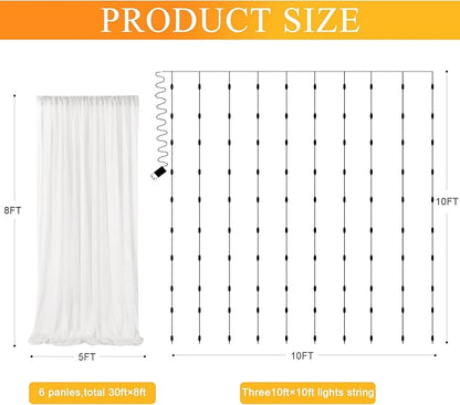 Fomcet Tulle Backdrop Curtains Ivory 30FT X 8FT Tulle Curtains with Lights String Sheer Curtain Backdrop for Parties Wedding Baby Shower Photo Shoot Decorations (6 Panels 5x8FT)