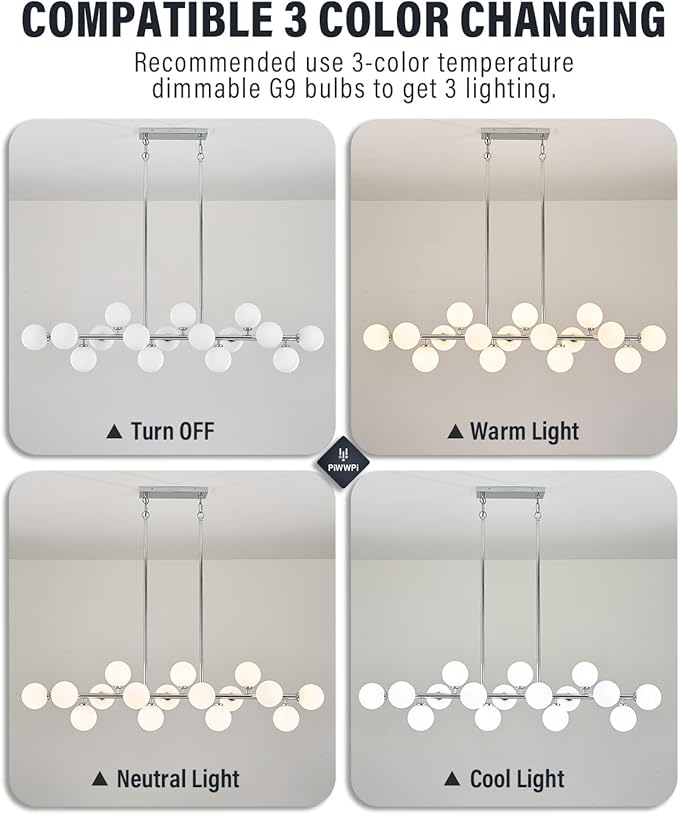 55" Long Chandeliers for Dining Room Kitchen Island, Large Globe Sputnik Linear Chandelier, 16 Lights Mid Century Modern Light Fixture Over Table, Chrome and Milk White Bubble, GC-08