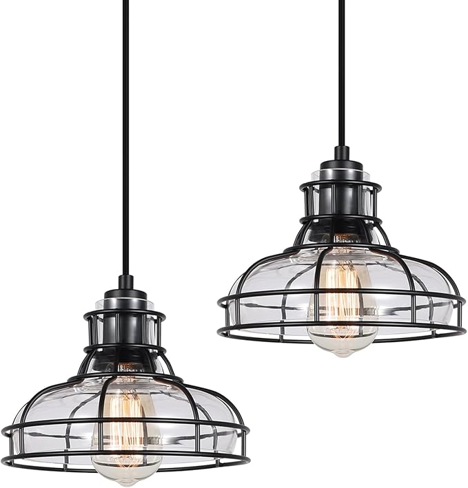 Industrial Pendant Lights Kitchen Island Black 8.7", 2 Pack Hanging Light Fixtures with Clear Glass and Metal Cage, Farmhouse Kitchen Pendant Light for Dining Room, Bedroom, Living Room