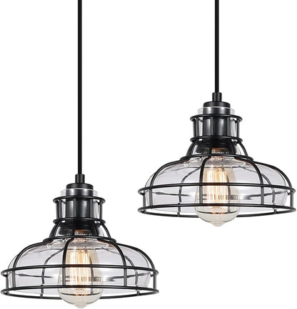 Industrial Pendant Lights Kitchen Island Black 8.7", 2 Pack Hanging Light Fixtures with Clear Glass and Metal Cage, Farmhouse Kitchen Pendant Light for Dining Room, Bedroom, Living Room