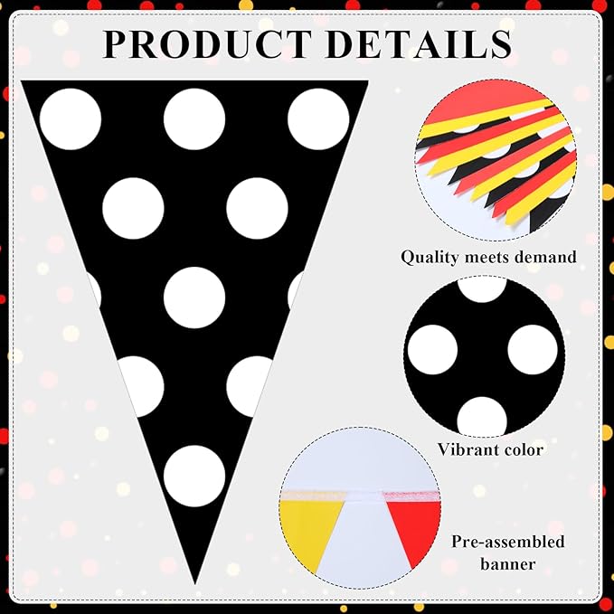 HESTYA 5 Pieces 49 Feet Mouse Pennant Banner Cartoon Party Decorations Cartoon Themed Red Yellow Black White Dot Triangle Flags Bunting Banners for Birthday Wedding Party Decor Indoor Outdoor Supplies