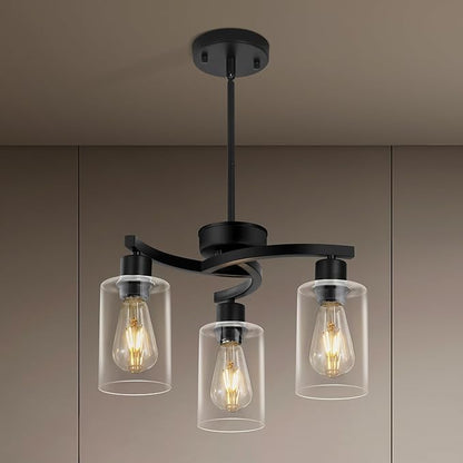 3 Light Modern Dining Chandeliers Over Table，Black Light Fixture for Dining Room，Farmhouse Chandelier with Glass Shade，Industrial Pendant Lights Kitchen Island，Foyer,Hallway, Bedroom