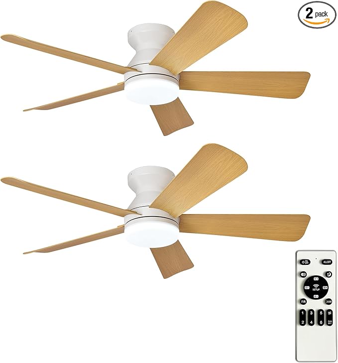 Depuley 42-Inch Ceiling Fans with Lights: Indoor/Outdoor Flush Mount Ceiling Fan with Remote Control - Wood 5 Blade Low Profile Fandelier for Kitchen Gazebo - Reversible Quiet Timer - 2 Packs