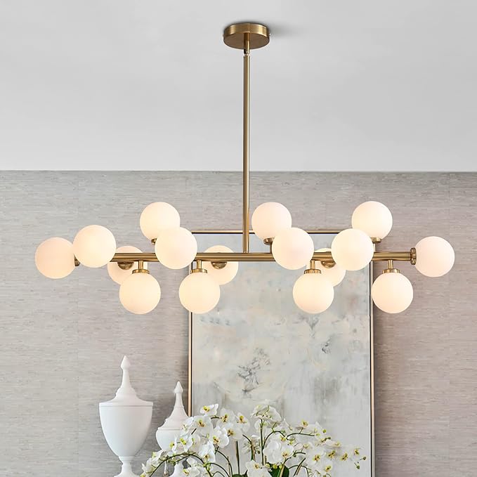 Gold Dining Room Chandelier Over Table Mid Century Modern Chandelier White Glass Globe Lampshade Linear Pendant Lighting Fixture for Living Room Dining Table 16 Lights