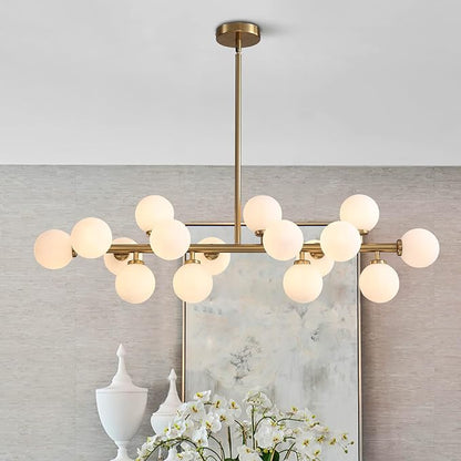 Gold Dining Room Chandelier Over Table Mid Century Modern Chandelier White Glass Globe Lampshade Linear Pendant Lighting Fixture for Living Room Dining Table 16 Lights