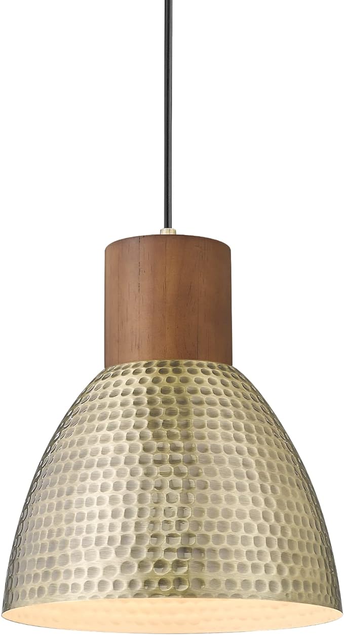 ELYONA Vintage Hammered Pendant Light Fixture, 7” Small Brushed Brass Metal Hanging Light Solid Wood Antique Gold Pendant Lamp for Kitchen Island, Farmhouse, Dining Room, Adjustable Height