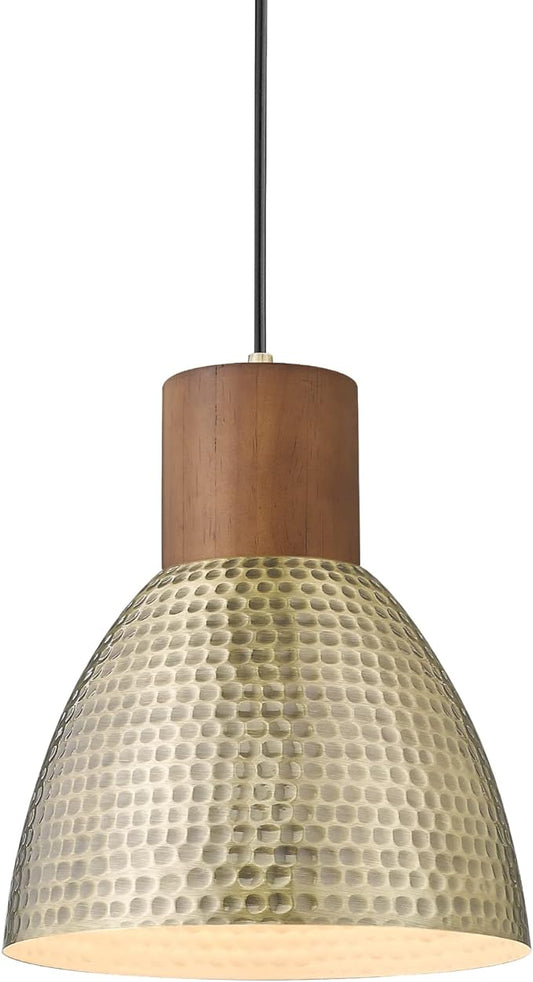 ELYONA Vintage Hammered Pendant Light Fixture, 7” Small Brushed Brass Metal Hanging Light Solid Wood Antique Gold Pendant Lamp for Kitchen Island, Farmhouse, Dining Room, Adjustable Height