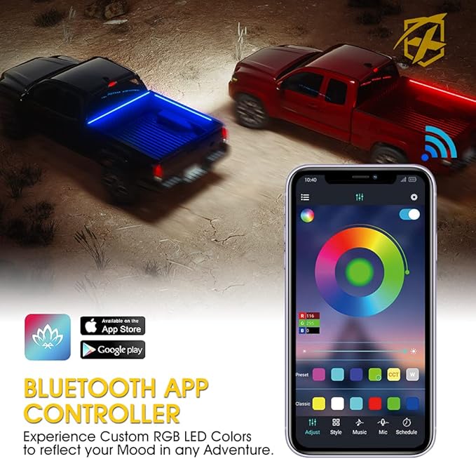 Xprite 60" RGB Truck Bed Bluetooth Lights Kit, Neon Accent Exterior Glow Rails Light Strips w/APP Control & Wireless Remote, for Cargo, Tonneau Cover, Pickup Trucks, Van, SUV, Camper RV, Boat - 3PCS