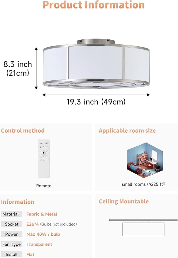 Low Profile Ceiling Fans with Lights, 20" Flush Mount Ceiling Fan with Light, Silver and White Boho Bladeless with 6 Speeds Remote Control for Bedroom, Nursery, Living Room
