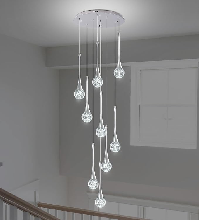 Modern Chrome Crystal Chandelier for High Ceiling 9-Lights, 99 Inches Luxury Spiral Dimmable LED Bubble Raindrop Pendant Lighting Fixture for Staircase Foyer Entryway Living Room