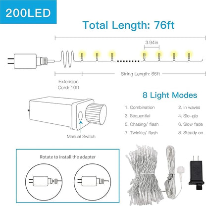suddus Christmas Lights Outdoor, 66 ft 200 LED Plug in Warm White Fairy String Lights with Remote, Twinkle Lights for Bedroom Indoor Xmas Tree Dorm Wedding Backyard Party Outdoor Decorations