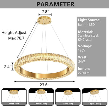24" Ring Modern LED Dimmable Crystal Chandelier Adjustable Height Pendant Light Round Crystal Chandelier Light Fixtures for Dining Room Living Room Kitchen Island Gold