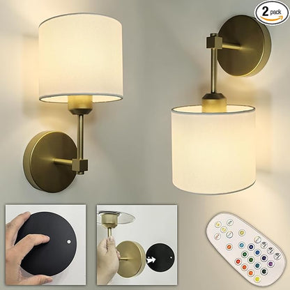 Easy Install Adhesive Battery Wall Sconces Rechargeable Gold Set of 2, No Nails Cordless Magnetic Wall Lamps Peel and Stick Decor Wall Vanity Lights for Pictures Living Room Hallway (Gold, 2-Pack)
