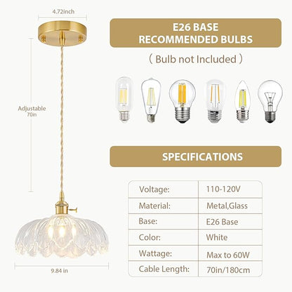 Glass Pendant Lights Kitchen Island, Vintage Brass Pendant Light Fixtures, Adjustable Transparent Kitchen Pendant Lighting Over Island for Bedroom Living Room Hallway Dining Room