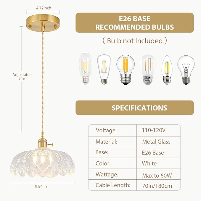 3 Pack Glass Pendant Lights Kitchen Island, Vintage Brass Pendant Light Fixtures, Adjustable Transparent Kitchen Pendant Lighting Over Island for Bedroom Living Room Hallway Dining Room