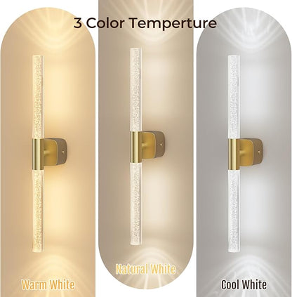 Battery Operated Wall Sconce Set of 2 Brushed Gold 12000mAh Rechargeable Wall Light with Crystal Acrylic 24" Wireless CCT Dimmable 350°Rotate Remote Wall Lamp for Bedroom Living Room