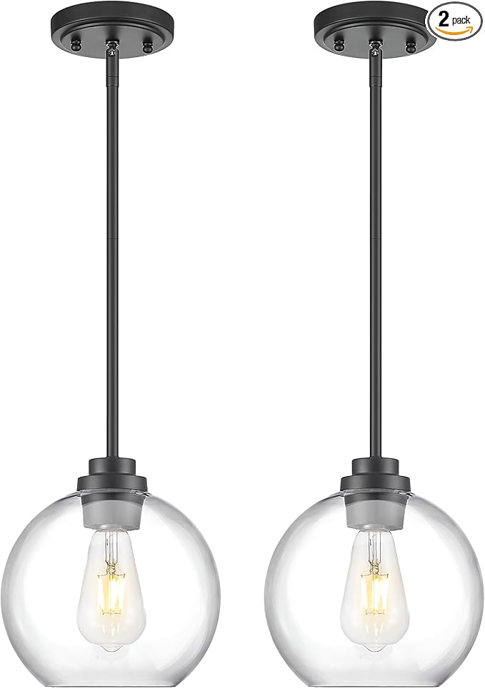 2 Pack Pendant Lights Kitchen Island, 8" Black Pendant Light Fixtures with Globe Clear Glass Shade, Modern Kitchen Island Lighting for Bathroom, AD-22280-2PL-BK