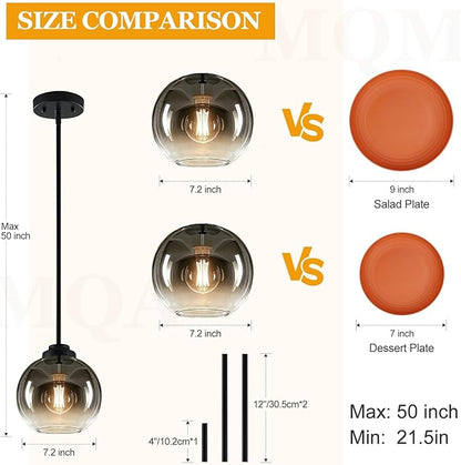 2 Pack 7.2-Inch Globe Pendant Lights, Mid Century Pendant Light Fixtures, Globe Pendant Lights Kitchen Island with Gray Glass Shade Adjustable Hanging Fixture for Dining Room (Bulbs not Included)