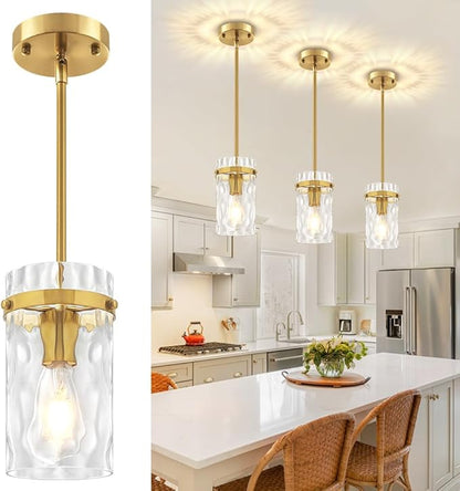 3 Pack Brushed Gold Pendant Lights Kitchen Island, Hammered Glass Kitchen Pendant Lighting Over Island Adjustable Hanging Bathroom Light Fixtures Modern Pendant Light for Dining Room Hallway Foyer