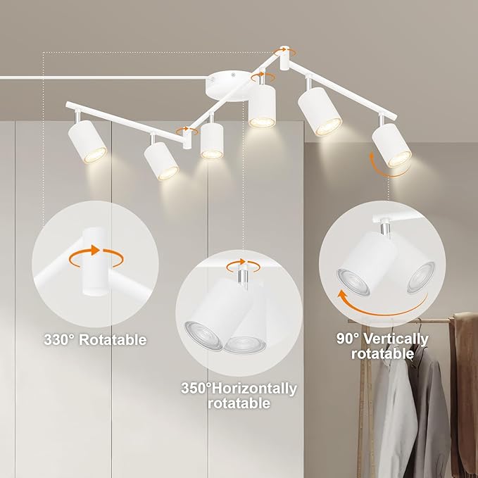 Track Lighting Plug in, LED Track Lighting Fixtures Ceiling Kit, White 6-Light Ceiling Light Plug-in, Wall Light with 14.8ft Power Cord, Rotatable Kitchen Spotlight for Bedroom(GU10 Socket, NO Bulb)