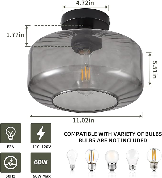 Glass Semi Flush Mount Ceiling Light, Modern Close to Ceiling Light Fixtures with Smoke Grey Glass Shade, Light Fixtures Ceiling Mount for Bathroom Dining Room Bedroom Living Room Hallway, E26 Base
