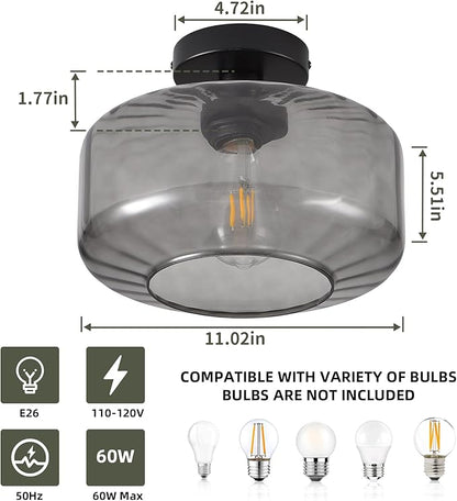 Glass Semi Flush Mount Ceiling Light, Modern Close to Ceiling Light Fixtures with Smoke Grey Glass Shade, Light Fixtures Ceiling Mount for Bathroom Dining Room Bedroom Living Room Hallway, E26 Base