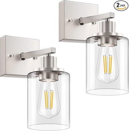 Licperron Wall Sconces Set of Two, Brushed Nickel Modern Wall Sconces Lighting with Clear Glass Shade, Industiral Bathroom Vanity Light Fixtures, Farmhouse Wall Lamp for Bedroom Mirror Living Room