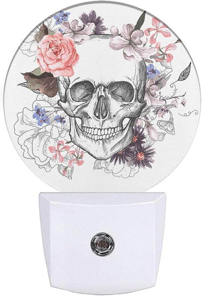 EKOBLA Floral Skull Plug-in Night Light, Goth Sugar Skull & Pink Rose LED Nightlight with Auto On/Off for Bedroom, Bathroom & Gothic Decor