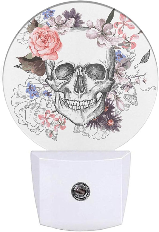 EKOBLA Floral Skull Plug-in Night Light, Goth Sugar Skull & Pink Rose LED Nightlight with Auto On/Off for Bedroom, Bathroom & Gothic Decor