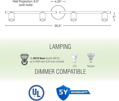 Kira Home Langford 27" Modern 4-Light Directional Track Wall/Ceiling Light + 4W LED Bulbs, Adjustable Heads, Black Finish