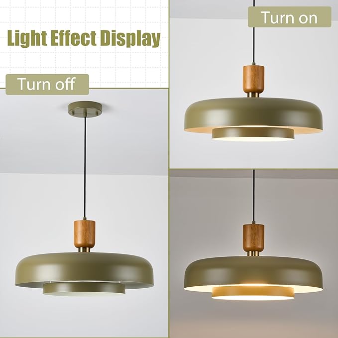 Mid Century Pendant Light 19.68" - Natural Wood Brass Accent, 2-Layer Deep Green Shade for Dining Room Kitchen