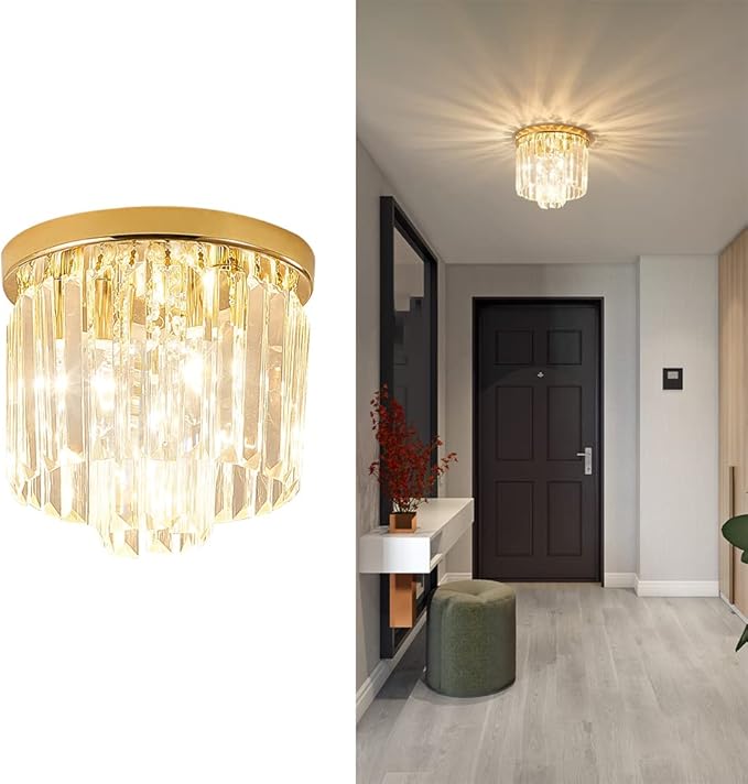 Modern Ceiling Light Crystal Chandelie,2-Tier French Gold Flush Mount Pendant Lighting Fixture for Kitchen Island Light Living Room Bedroom (3-Lights)