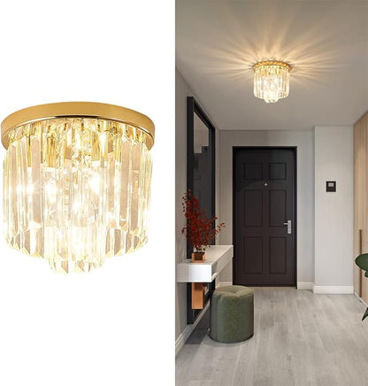 Modern Ceiling Light Crystal Chandelie,2-Tier French Gold Flush Mount Pendant Lighting Fixture for Kitchen Island Light Living Room Bedroom (3-Lights)