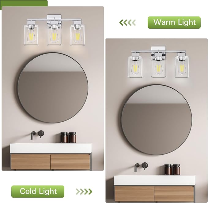 Chrome Bathroom Vanity Light - 3 Light Bathroom Light Fixture Square Design & UL Certification, Bath Room Lighting Fixtures Over Mirror, Modern Vanity Lighting Fixture for Living Room