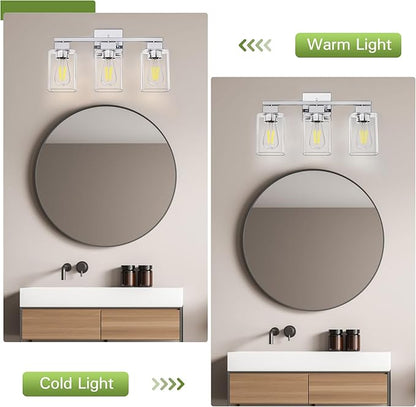 Chrome Bathroom Vanity Light - 3 Light Bathroom Light Fixture Square Design & UL Certification, Bath Room Lighting Fixtures Over Mirror, Modern Vanity Lighting Fixture for Living Room